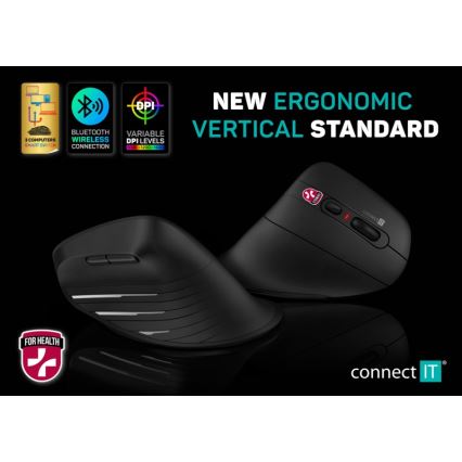 CONNECT IT CMO-2880-BK - Ergonomiška belaidė pelė Verti TriMode 1000/1600/2400 DPI 2xAAA juoda