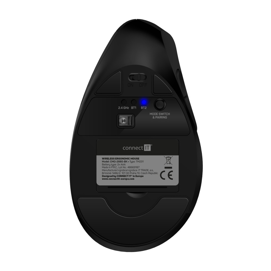 CONNECT IT CMO-2880-BK - Ergonomiška belaidė pelė Verti TriMode 1000/1600/2400 DPI 2xAAA juoda