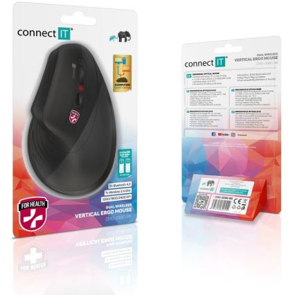 CONNECT IT CMO-2880-BK - Ergonomiška belaidė pelė Verti TriMode 1000/1600/2400 DPI 2xAAA juoda