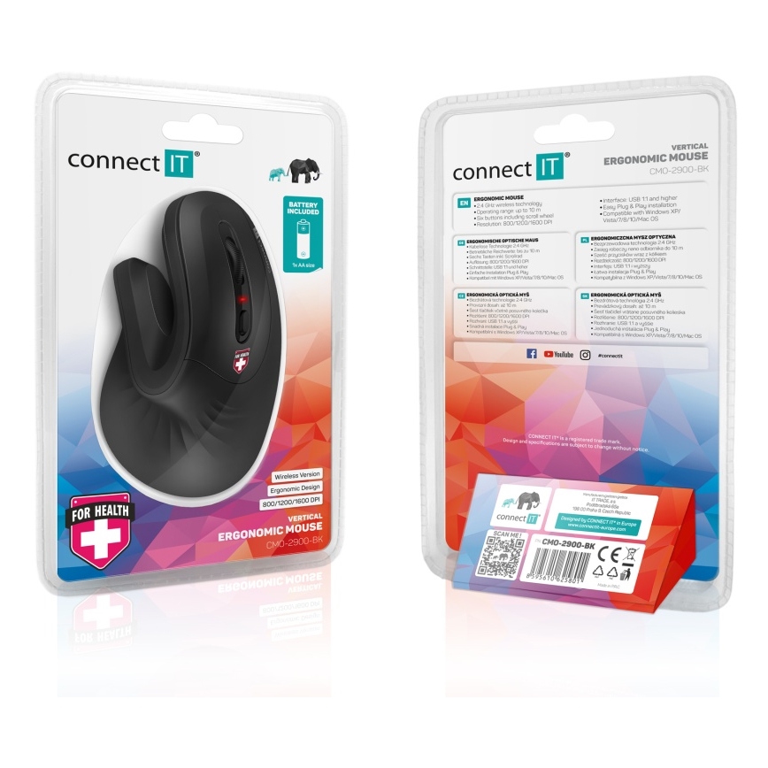 CONNECT IT CMO-2900-BK - Ergonomiška belaidė pelė 800/1200/1600 DPI 1xAA juoda