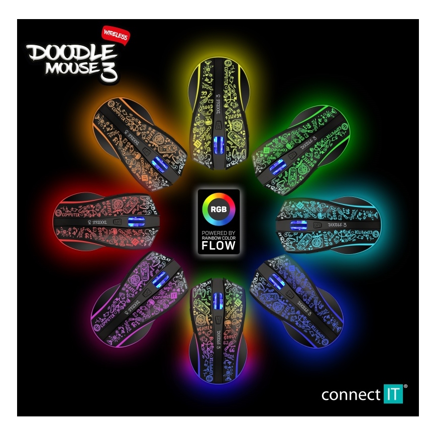 CONNECT IT CMO-3530-DD - LED RGB Belaidė įkraunama žaidimų pelė 800/1200/1600/2400/4800 DPI 600 mAh juoda