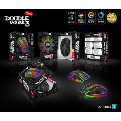 CONNECT IT CMO-3530-DD - LED RGB Belaidė įkraunama žaidimų pelė 800/1200/1600/2400/4800 DPI 600 mAh juoda