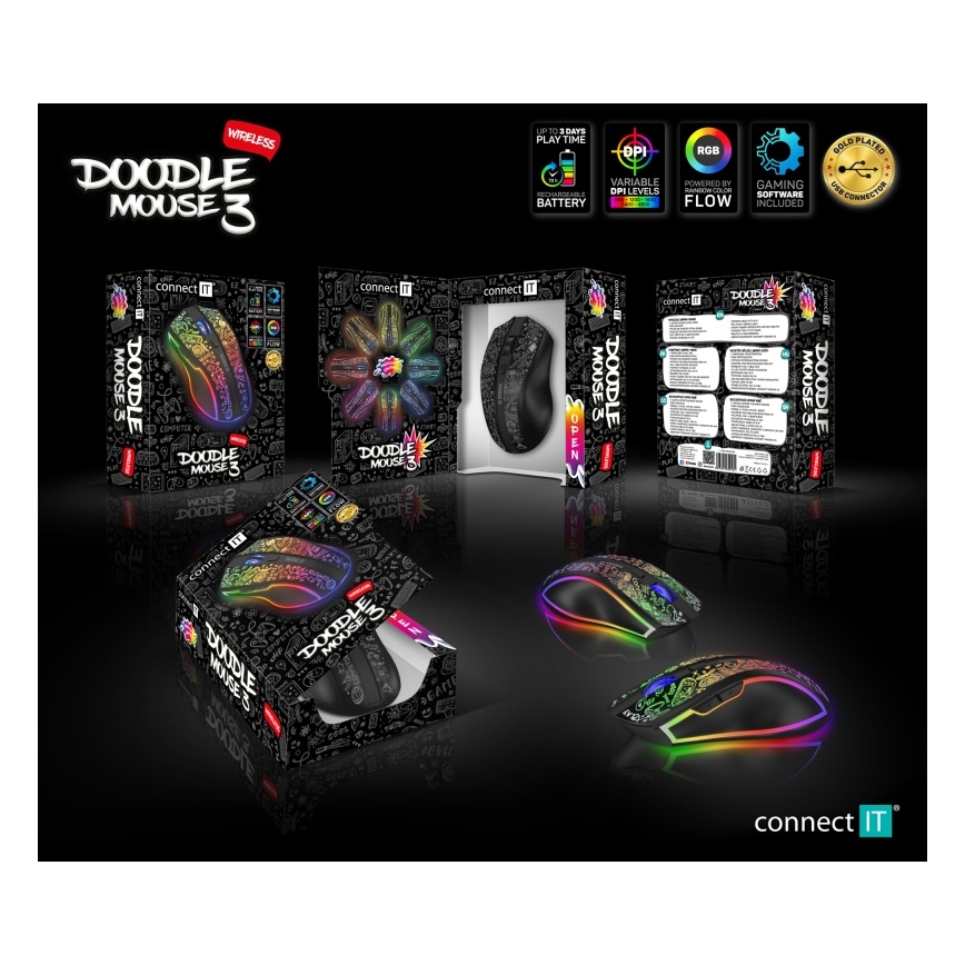 CONNECT IT CMO-3530-DD - LED RGB Belaidė įkraunama žaidimų pelė 800/1200/1600/2400/4800 DPI 600 mAh juoda