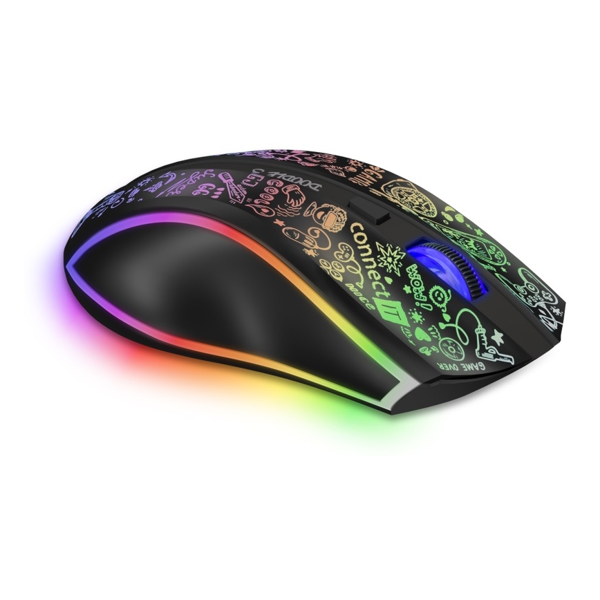 CONNECT IT CMO-3530-DD - LED RGB Belaidė įkraunama žaidimų pelė 800/1200/1600/2400/4800 DPI 600 mAh juoda