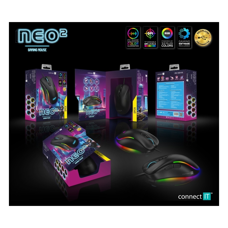 CONNECT IT CMO-3589-BK - LED RGB Laidinė žaidimų pelė 200-7200 DPI juoda