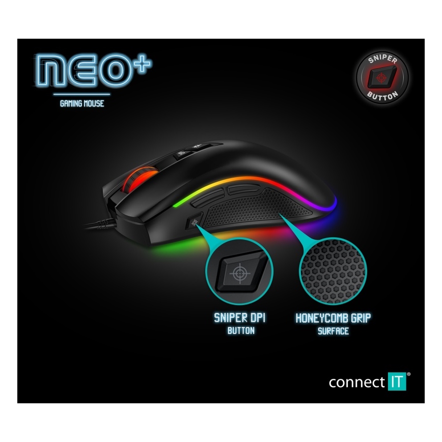 CONNECT IT CMO-3591-BK - LED RGB Laidinė žaidimų pelė 500-7200 DPI juoda