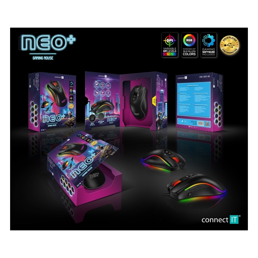 CONNECT IT CMO-3591-BK - LED RGB Laidinė žaidimų pelė 500-7200 DPI juoda