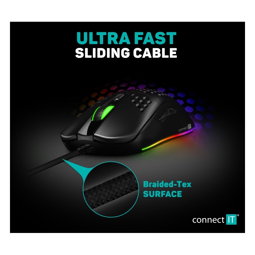 CONNECT IT CMO-5511-BK - LED RGB Laidinė žaidimų pelė 200-12800 DPI juoda