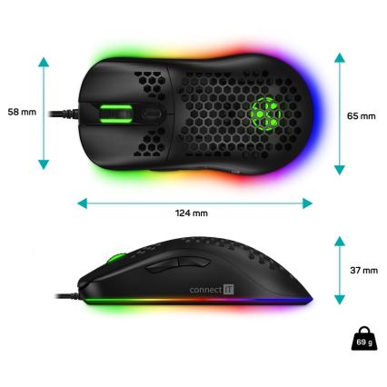CONNECT IT CMO-5511-BK - LED RGB Laidinė žaidimų pelė 200-12800 DPI juoda