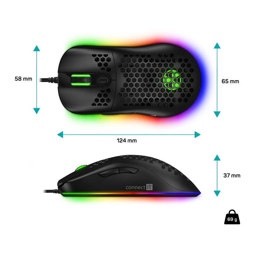 CONNECT IT CMO-5511-BK - LED RGB Laidinė žaidimų pelė 200-12800 DPI juoda