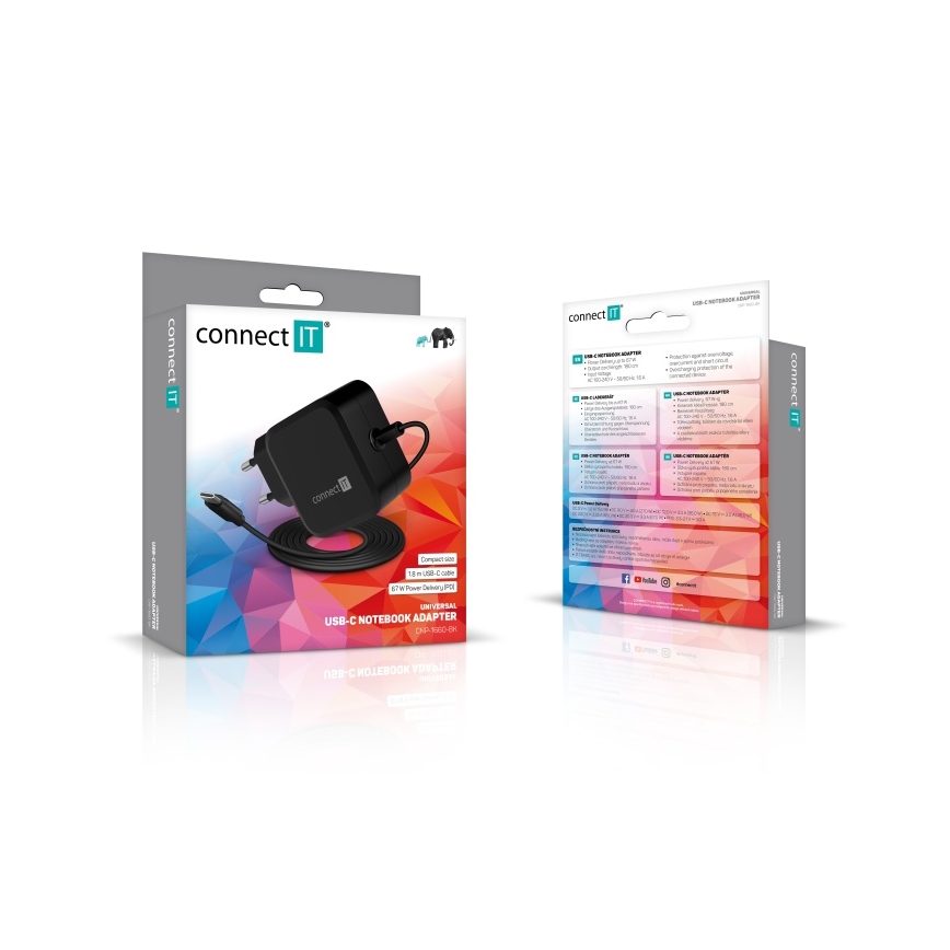 CONNECT IT CNP-1660-BK - Universalus USB-C maitinimo adapteris nešiojamiesiems kompiuteriams, 67W