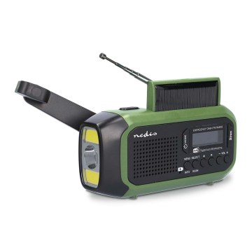DAB+/FM radijas su rankiniu generatoriumi, saulės panele ir LED žibintuvėliu, 5V/2500 mAh, žalia/juoda
