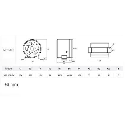 Dalap 24MF150 - Kanalinis ventiliatorius su energetiškai efektyviu varikliu ir greičio reguliatoriumi MF 150 EC 40W/230V