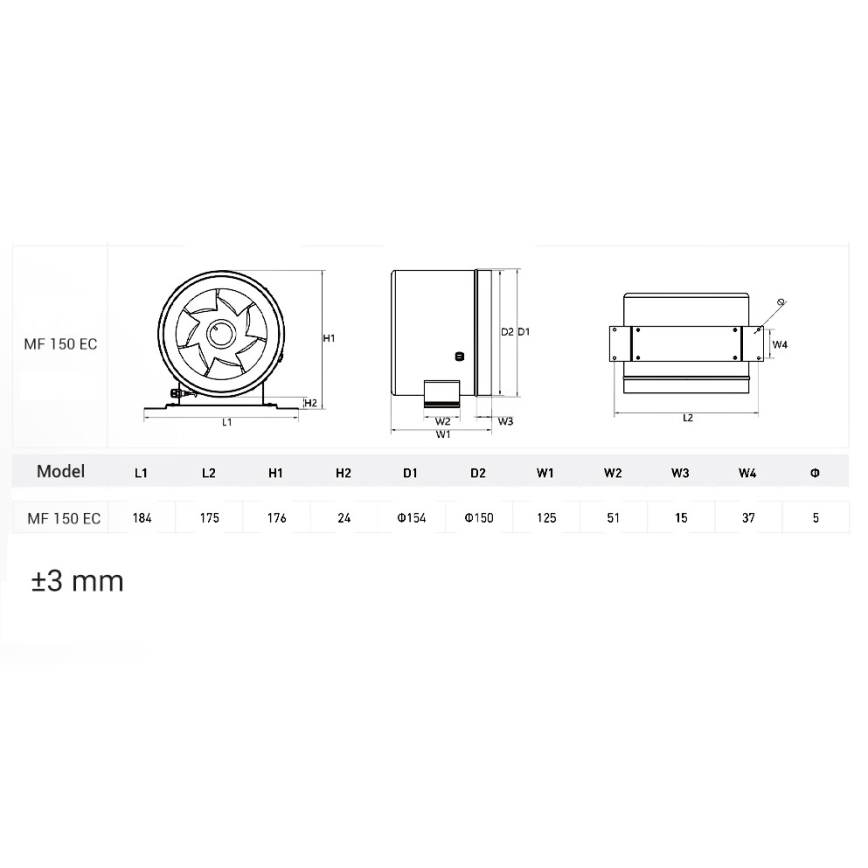 Dalap 24MF150 - Kanalinis ventiliatorius su energetiškai efektyviu varikliu ir greičio reguliatoriumi MF 150 EC 40W/230V