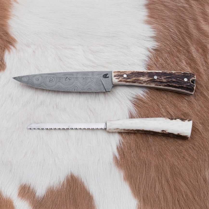 Damasko medžioklės skirstymo peilis su mini pjūklu 12 cm elnio ragas