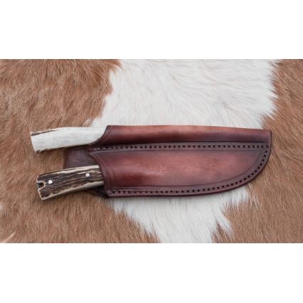 Damasko medžioklės skirstymo peilis su mini pjūklu 12 cm elnio ragas