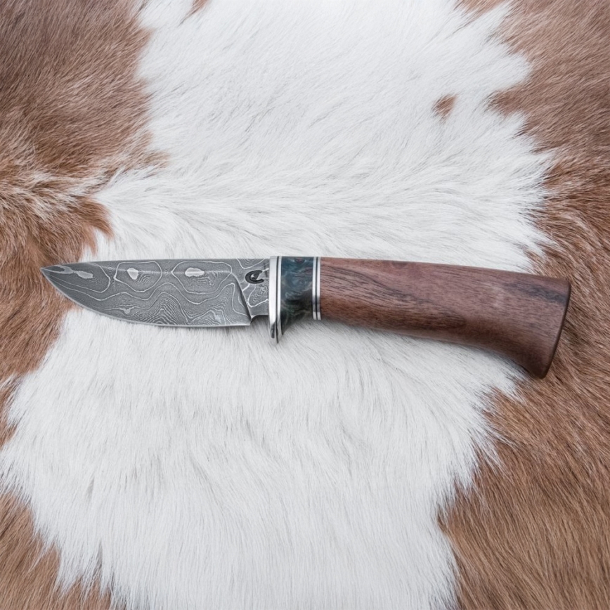 Damasko medžioklinis peilis 9,7 cm graikinis riešutas/klevas