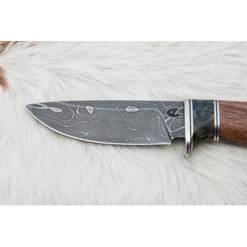 Damasko medžioklinis peilis 9,7 cm graikinis riešutas/klevas