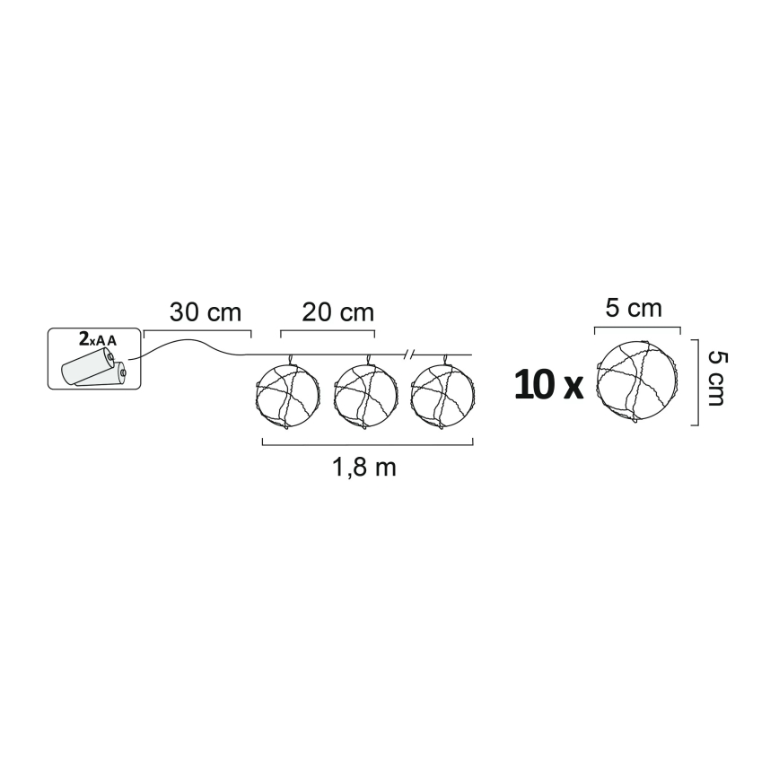 Dekoratyvinė LED grandinė AHNE 10xLED/2xAA 2,1 m šilta balta
