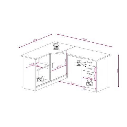 Dešinysis rašomasis stalas ROBERTO su lentyna ir stalčiais — ąžuolas Artisan/balta