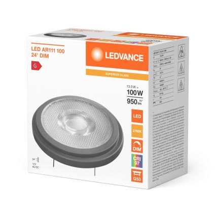 Dimeriuojama LED lemputė AR111 G53/13,5W/12V 2700K 24° CRI 97 - Ledvance