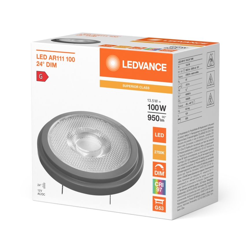 Dimeriuojama LED lemputė AR111 G53/13,5W/12V 2700K 24° CRI 97 - Ledvance