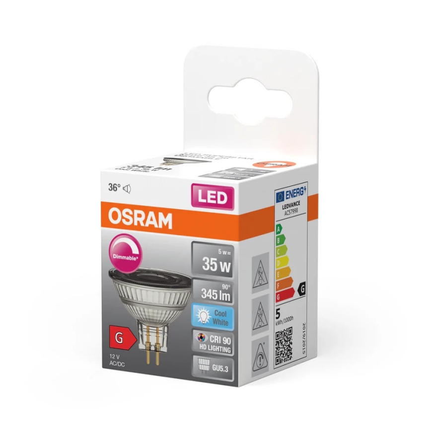 Dimeriuojama LED lemputė MR16 GU5,3/5W/12V 4000K 36° CRI 90 - Osram