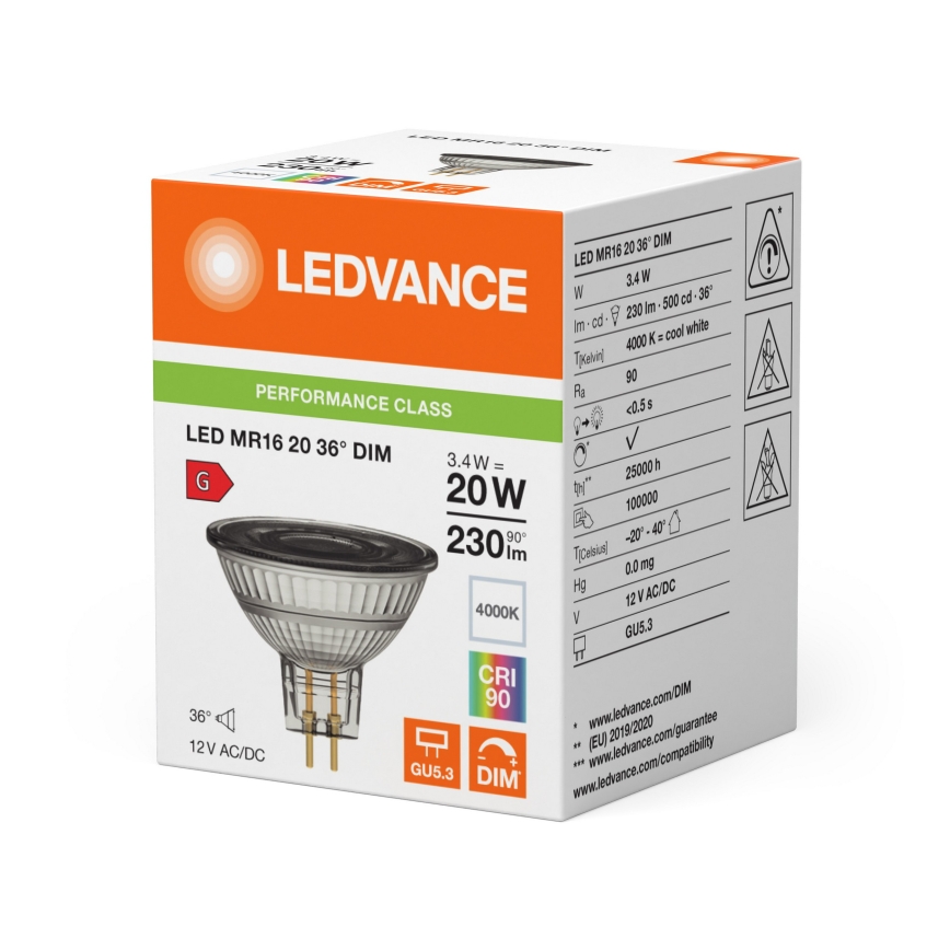 LED reguliuojama reflektorinė lemputė MR16 GU5,3/3,4W/12V 4000K 36° CRI 90 - Ledvance