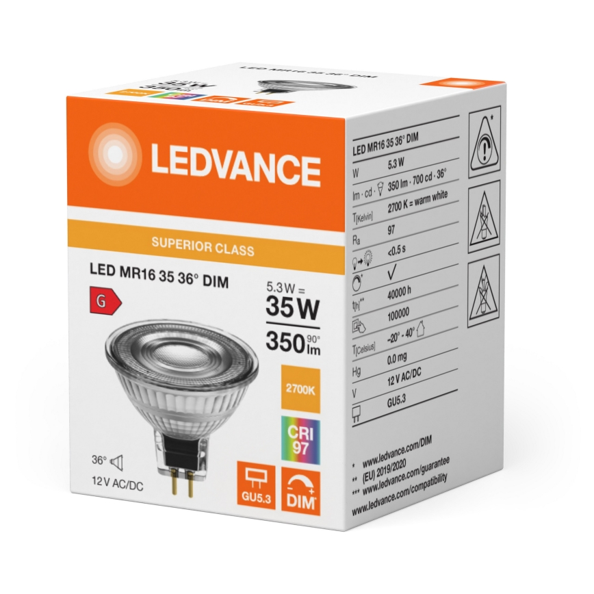 LED dimeriuojama reflektorinė lemputė MR16 GU5,3/5,3W/12V 2700K 36° CRI 97 - Ledvance