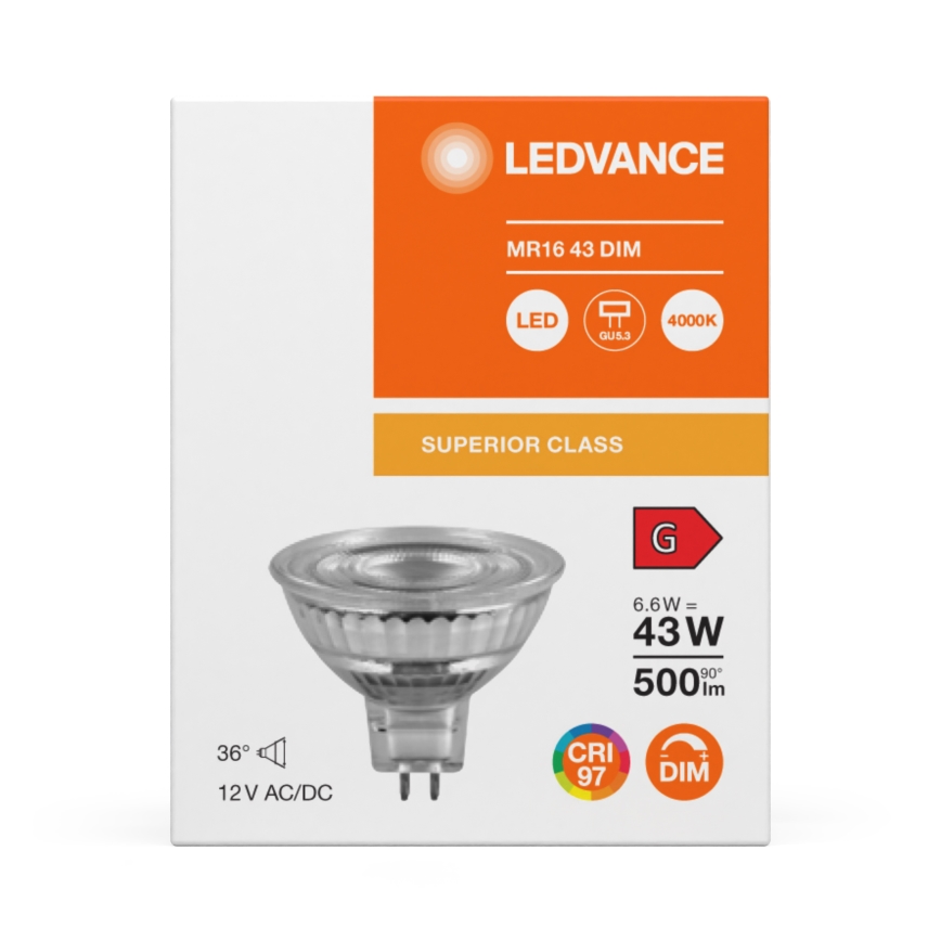 Dimeriuojama LED reflektorinė lemputė MR16 GU5,3/6,6W/12V 4000K 36° CRI 97 - Ledvance