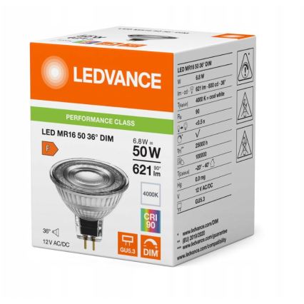 Dimeriuojama LED reflektorinė lemputė MR16 GU5,3/6,8W/12V 4000K 36° CRI 90 - Ledvance