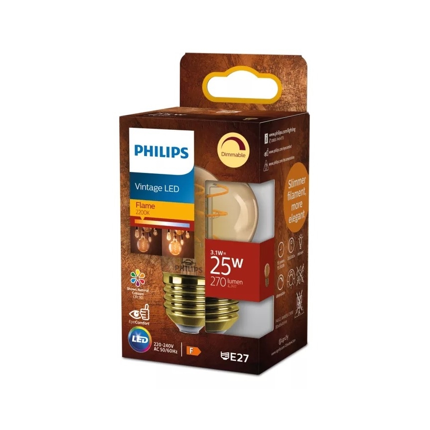 Dimeriuojama vintažinė LED lemputė Philips P45 E27/3,1W/230V 2200K CRI 90