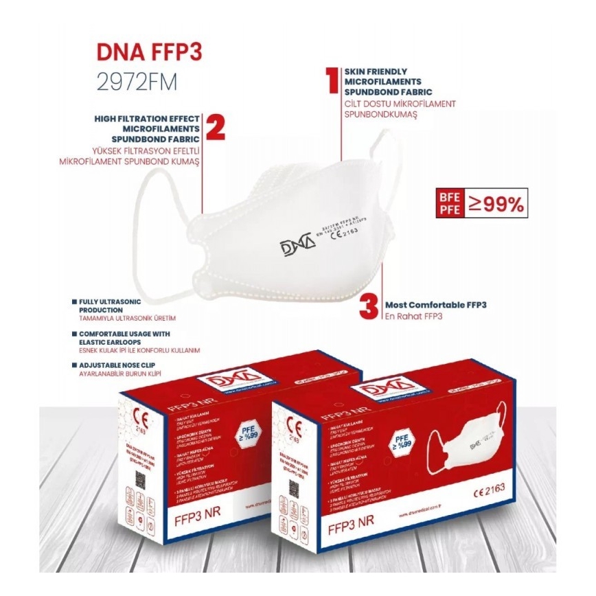 DNR respiratorius FFP3 NR CE 2163 Medicininis 20vnt