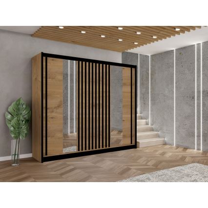 Drabužių spinta su veidrodžiu SANTINO 250x215 cm ąžuolas craft/juoda