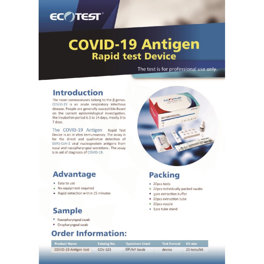ECOTEST RAPID - Antigeno greitasis testas COVID-19, pakuotėje 20vnt