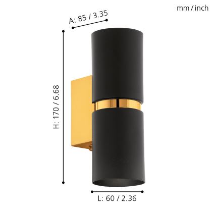 Eglo 64795 - LED sieninis šviestuvas PASSA PRO 2xGU10/3,3W/230V 3000K juoda/auksas