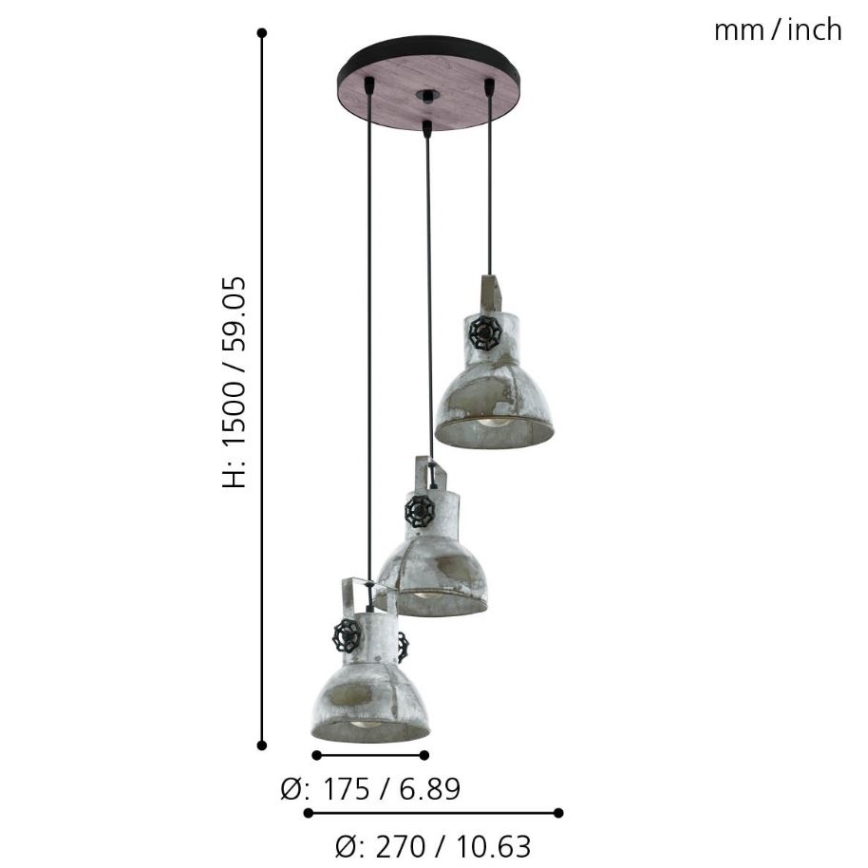 Eglo 79371 - Pakabinamas šviestuvas su laidu BARNSTAPLE 3xE27/40W/230V ruda/patina