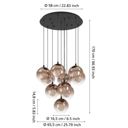Eglo - Pakabinama liustra ant laido 10xE27/60W/230V juoda/smėlinė/dūminė