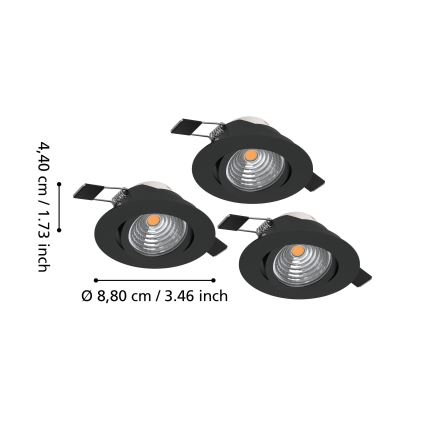 Eglo - Komplektas 3 vnt. dimeriuojamų įleidžiamų LED šviestuvų LED/6,4W/230V, skersmuo 8,8 cm, juodi