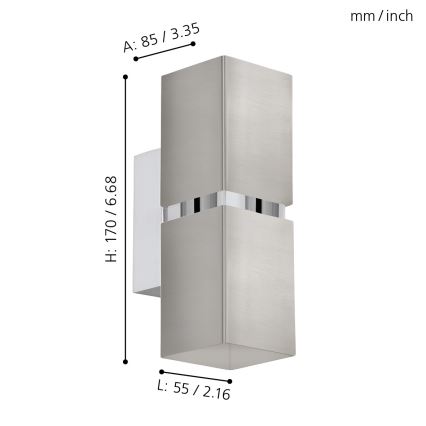 Eglo 96264 - LED sieninis šviestuvas PASSA 2xGU10/2,8W/230V stačiakampis