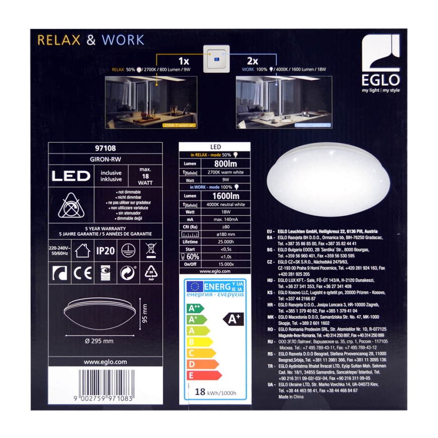 Eglo 97108 - Lubinis LED šviestuvas GIRON-RW 1xLED/18W/230V 2700K-4000K