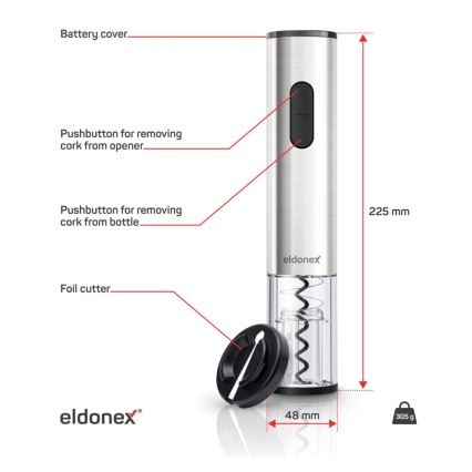 ELDONEX EWO-2200-SL - Elektrinis vyno atidarytuvas 4xAA matinis chromas