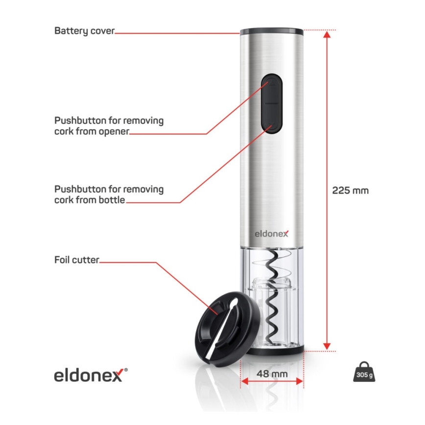 ELDONEX EWO-2200-SL - Elektrinis vyno atidarytuvas 4xAA matinis chromas