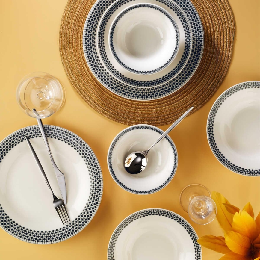 Elegantiškas 12 dalių stalo indų rinkinys, baltas/juodas, porcelianas