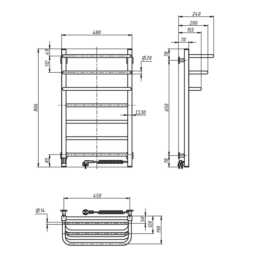Elektrinis rankšluosčių džiovintuvas su termostatu FORTIS 155W 80x48 cm baltas dešininis