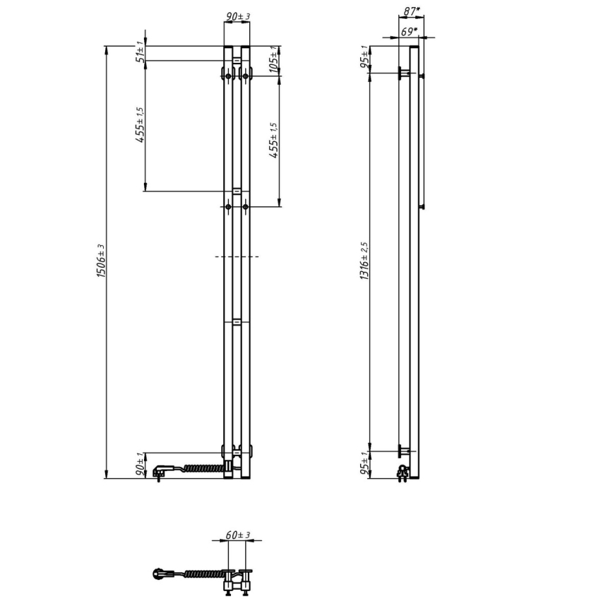 Elektrinis rankšluosčių džiovintuvas su termostatu SILOUETTE 106W 150x9 cm, juodos spalvos, dešinės pusės