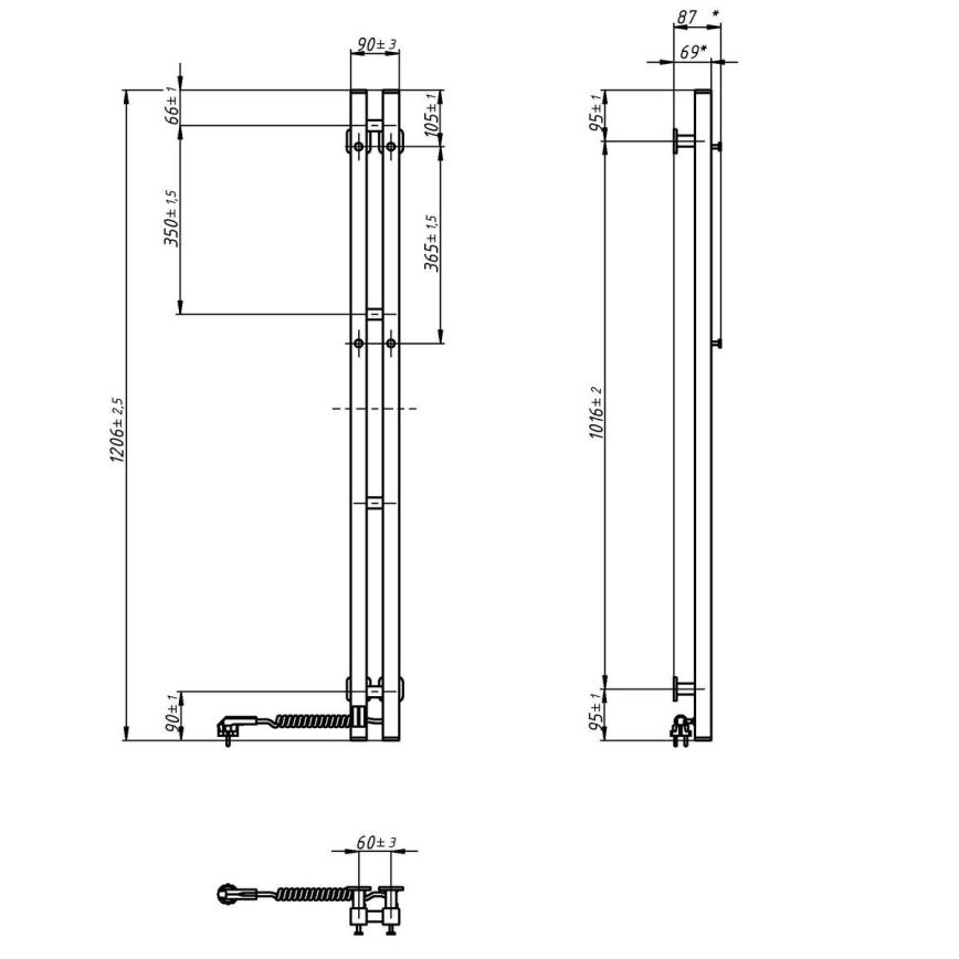 Elektrinis rankšluosčių džiovintuvas su termostatu SILOUETTE 70W 120x9 cm juodas dešininis