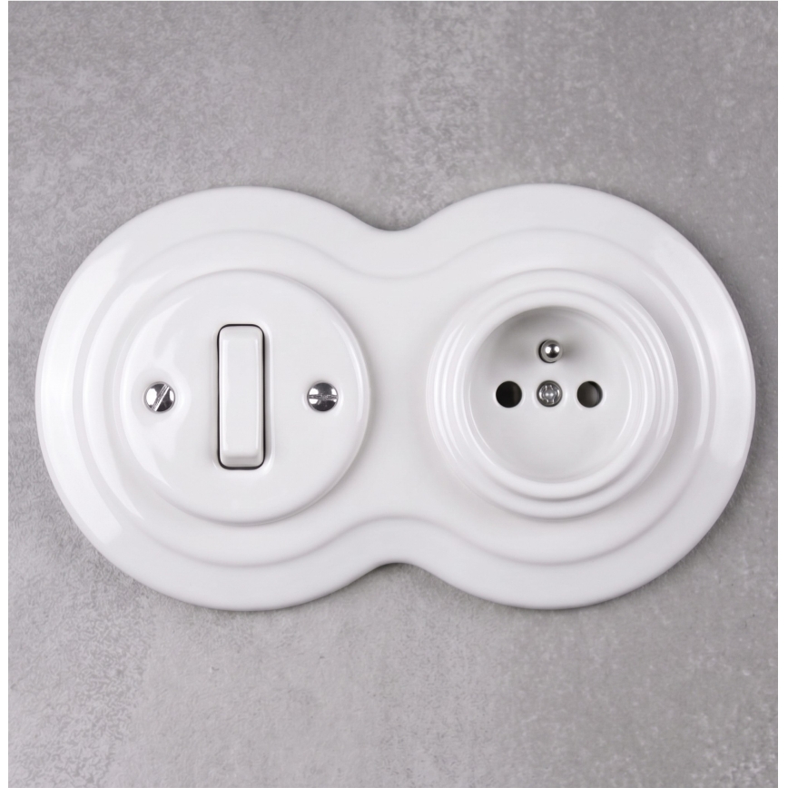 Elhard - Baltas keraminis retro jungiklis nr. 1 ir 230 V lizdas su rėmeliu