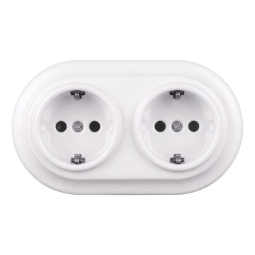 Elhard - Dviguba keraminė retro rozetė namams su rėmeliu SCHUKO 230V balta