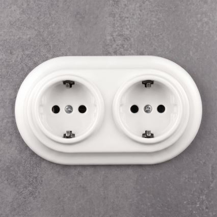 Elhard - Dviguba keraminė retro rozetė namams su rėmeliu SCHUKO 230V balta